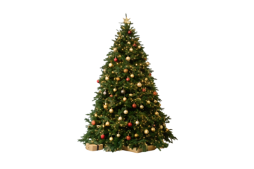 Large Christmas tree with mixed ornaments warm string lights golden star topper, isolated on a transparent background