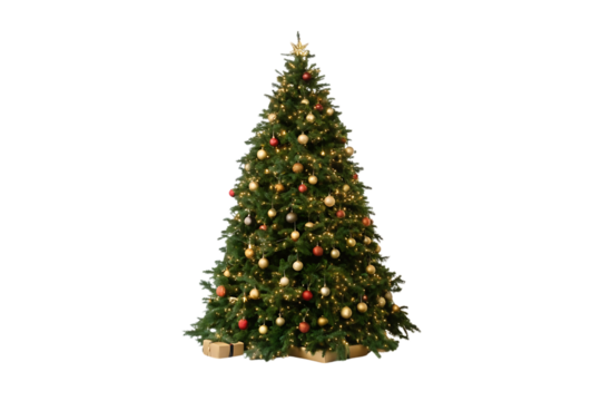 Large Christmas tree with mixed ornaments warm string lights golden star topper, isolated on a transparent background