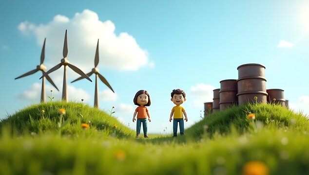 Two miniature people on grassy mounds&mdash;one side growing renewable wind turbines, the other filled with barrels of oil, symbolizing clean vs fossil energy.