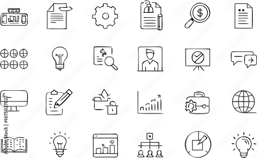 Poster vector collection of business and office related icons including documents and lightbulbs in sketch 