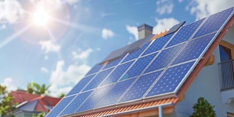 A solar panel array installed on a residential roof with a clear blue sky in the background.
