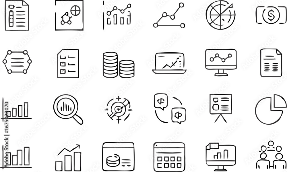 Aufkleber vector illustration of business analytics icons including charts graphs and data analysis tools in b