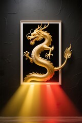 Obraz premium A surreal golden dragon is dynamically mounted within a frame on a dark wall, its sinuous body bursting through the confines to intertwine with swirling festive lights outside