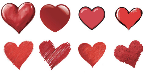 This collection showcases different artistic interpretations of heart shapes, featuring various shades of red and styles, ideal for expressing love and affection.