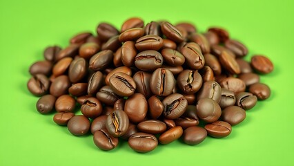 Obraz premium A detailed macro shot of a heap of freshly roasted coffee beans isolated on a vibrant solid green background, perfect for cafe concepts
