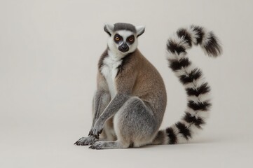 Fototapeta premium Ring-tailed lemur studio portrait, sitting, neutral background, wildlife photography