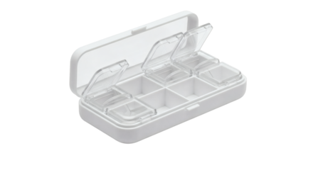 Open white pill organizer showing compartments for daily medication dispensing against black background, promoting health.