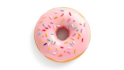 Sweet and delicious frosted pink donut with colorful candy sprinkles, a classic bakery treat viewed from above on a white surface