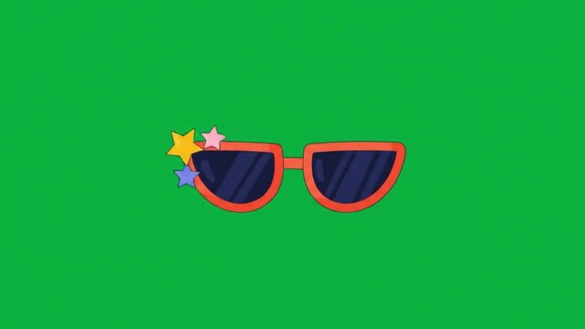 Bright and colorful sunglasses animation on green background. Features orange frames, dark lens and star decorations. A lovely addition to any design needing a fun element.