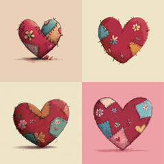 Four distinct hearts composed of colorful patchwork design are arranged harmoniously, featuring varied textures and stitched details. Each heart radiates warmth and creativity.