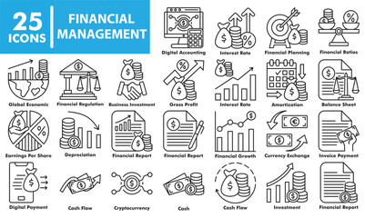 Financial management including accounting, cash flow, investment, business planning, financial growth, digital payment, and currency exchange symbols.