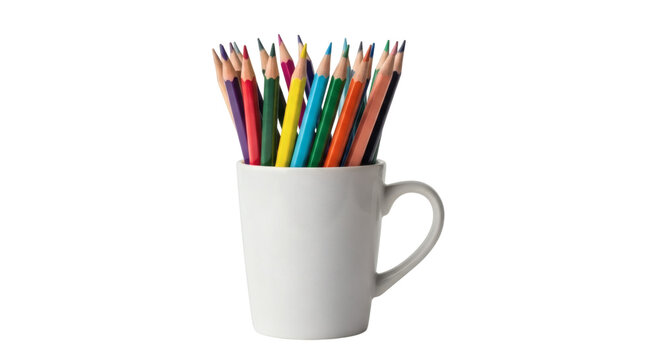 Vibrant colored pencils stand tall in a pristine white mug against a stark black background, artistic simplicity.