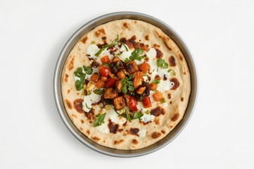 Roasted vegetable flatbread, studio shot, white background, food photography, recipe