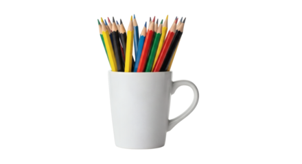 Colorful Pencils Stand Out in White Mug on Dark Backdrop for Artistic Creative Projects