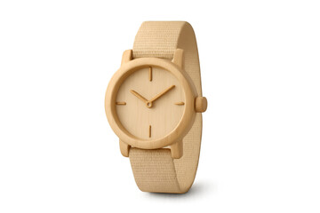 Realistic eco-friendly wooden wristwatch featuring a beige organic fabric strap, isolated on transparent background for versatile product design, branding, and presentation use.