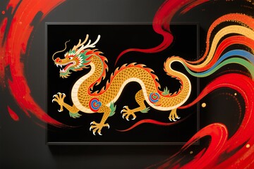Fototapeta premium A surreal Chinese New Year dragon with glowing golden scales dances dynamically within a black frame on a shadowy wall surrounded by abstract crimson patterns that echo traditional ink painting
