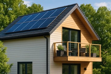 Modern Residential House with Solar Panel on Roof Architecture Concept