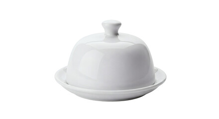 Fototapeta premium Elegant White Butter Dish with Cover Isolated against Black Background for Minimalist Kitchen Design
