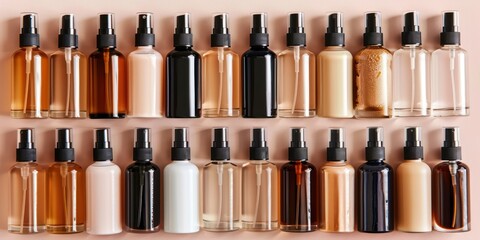 A collection of various cosmetic bottles arranged in a grid pattern on a pink background.