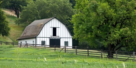 A white barn with a green roof and black windows, surrounded by lush green trees and a wooden fence in a rural setting.