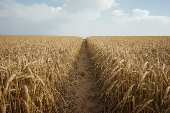 Rural dirt path through golden wheat field, sunny sky