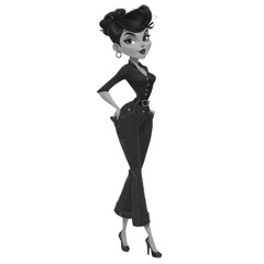 Fototapeta premium Stylized cartoon woman with vintage hairstyle wearing denim jumpsuit and heels