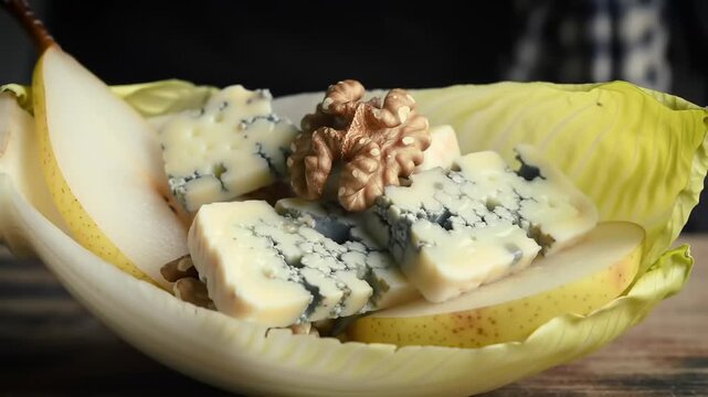 Gourmet cheese pear walnut appetizer on endive