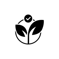 Eco acceptance icon. Simple solid style. Eco label with leaves and checkmark, tick, leaf, nature, tree, circle, plant, ecological concept. Silhouette, glyph symbol. Vector isolated design