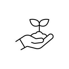 Hand holding plant icon. Simple outline style. Tree, hold, grow, leaf, sprout, fertilizer, flower, earth, nature, green, ecology concept. Thin line symbol. Vector isolated design