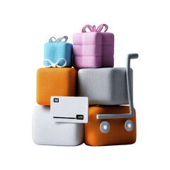 Naklejka premium Stack of colorful gift boxes with a credit card and shopping cart wheels