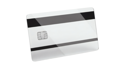 Isolated plastic bank card with chip and magnetic stripe, clean white design against simple black background.