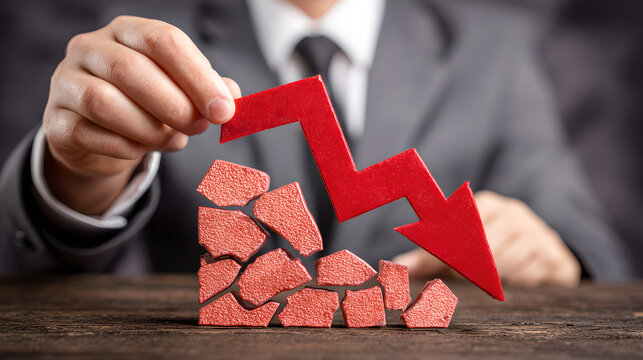 Hand holding red arrow down sign, The crumbling foundation of financial stability and the downward trend in the market
