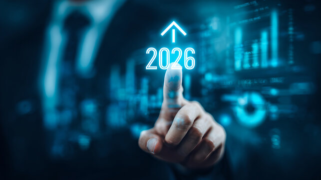 hand points to '2026' and a huge glowing white arrow, symbolizing a clear path to future growth. - Powered by Adobe