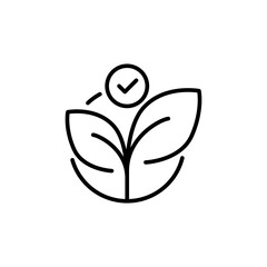 Eco acceptance icon. Simple outline style. Eco label with leaves and checkmark, tick, leaf, nature, tree, circle, plant, ecological concept. Thin line symbol. Vector isolated design