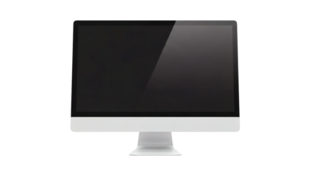 Sleek desktop computer mockup with black screen on black background providing digital workplace template