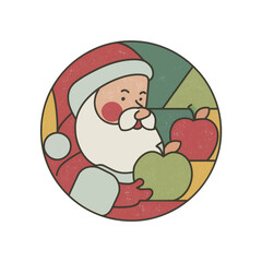 Santa Claus is depicted with a cheerful expression, holding a green apple and a red apple. The background features vibrant colors and geometric patterns, capturing a festive spirit.