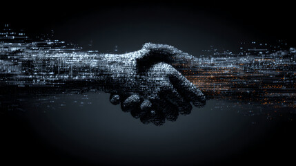 An abstract digital handshake made of glowing particles, representing a futuristic, high-tech collaboration.
