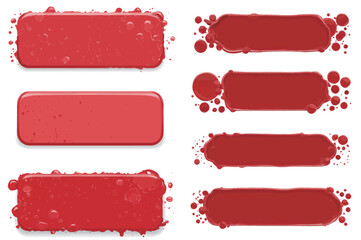 Various forms of vibrant red paint are displayed, featuring drips and splatters. This collection serves as inspiration for artistic endeavors and design projects, featuring different textures.