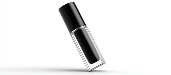 Angled dark fluid in clear container with black cap on white background