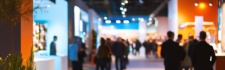Abstract blurred background of a bustling crowd walking through a modern convention center during a business expo or trade show