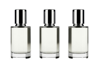 Three Transparent Perfume Bottles with Silver Caps on Black Background