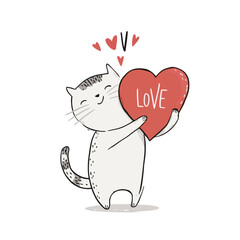 A cheerful cat stands on its hind legs, holding a large heart labeled love. Playful hearts float above its head, conveying a sense of happiness and affection.