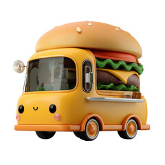 A stylized yellow food truck designed as a large burger with a happy face on the front