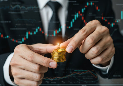 Close-up of a businessman stacking coins with digital graphs and virtual currency icons floating above. Represents the fusion of traditional finance and modern digital technology, data analysis. - Powered by Adobe