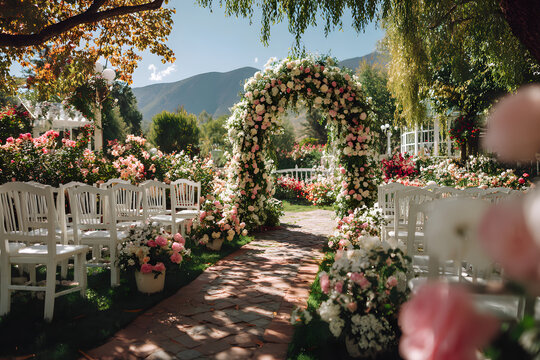 Place for wedding ceremony in garden, copy space. Weding arch decorated with fowers and white chairs on ach side of archway outdoos. Wedding setting