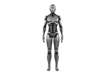 Futuristic humanoid robot standing in a neutral pose on a transparent background