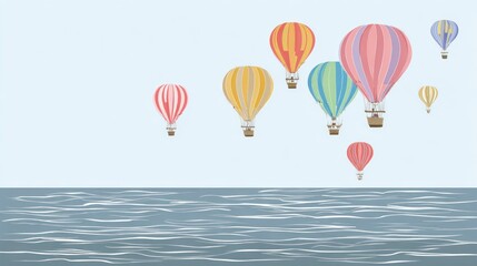 Naklejka premium Pastel hot air balloons float above a tranquil ocean