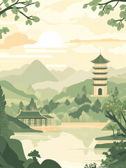 Peaceful Mountain Landscape with Pagoda