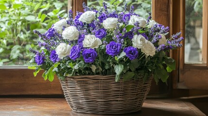 Fototapeta premium Beautiful Floral Arrangement of White and Purple Roses in Basket