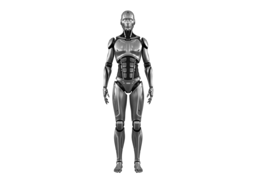 Futuristic humanoid robot standing in a neutral pose on a transparent background